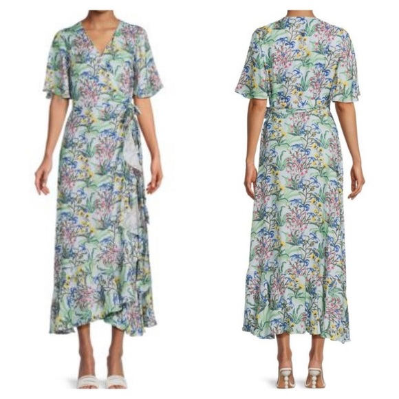 J.McLaughlin Audette Silk Viscose Floral Wrap Dress XS Blue Yellow Pink Maxi - Picture 1 of 16